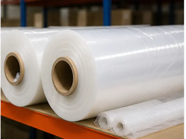 Large plastic rolls for packing and wrapping on warehouse shelving